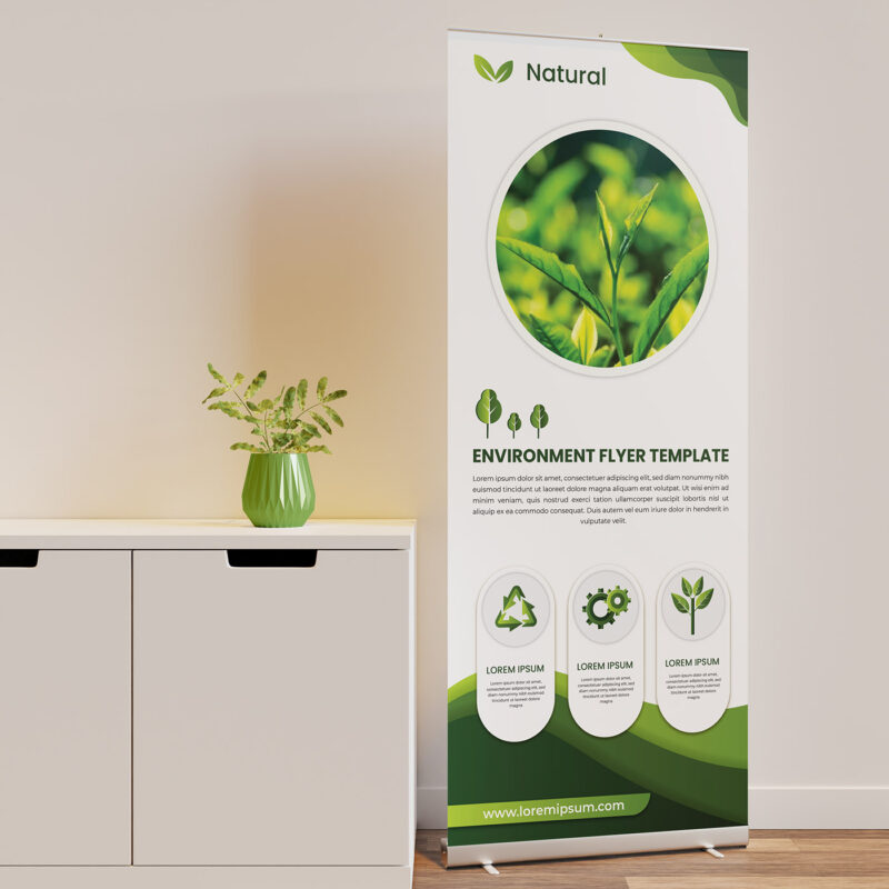 Roll up banner mockup in interior scene next to the cupboard